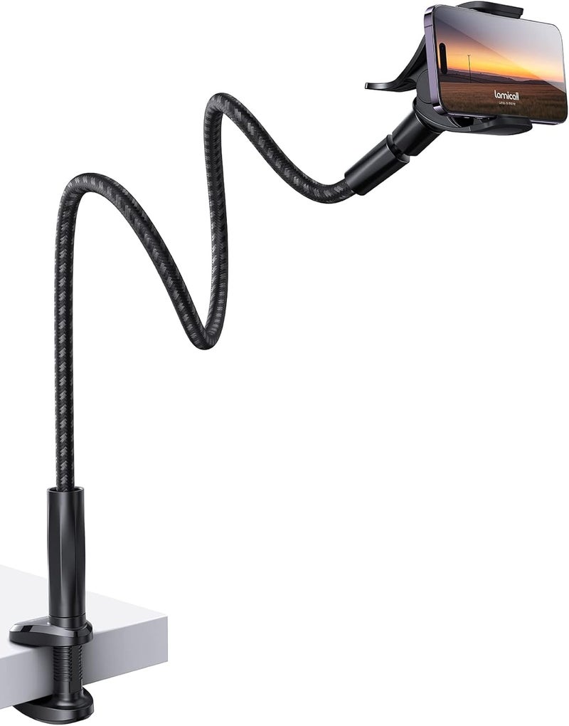 Lamicall Gooseneck Phone Holder Bed - [Nylon Braided] Flexible Arm, 38inch Overall Length, 360 Adjustable Clamp Clip, Overhead Cell Phone Mount Stand for Bed, Desk, 4-7” Cellphone - Image 1